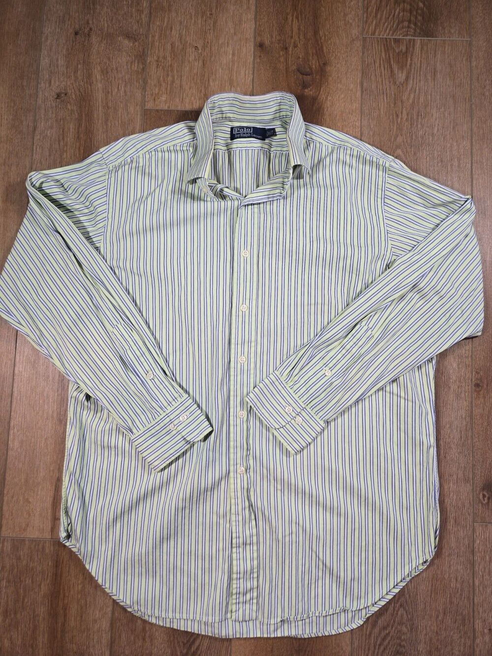Polo Ralph Lauren Dress Shirt Mens 16.5 Green Blue White Stripe Classic Fit Prep
